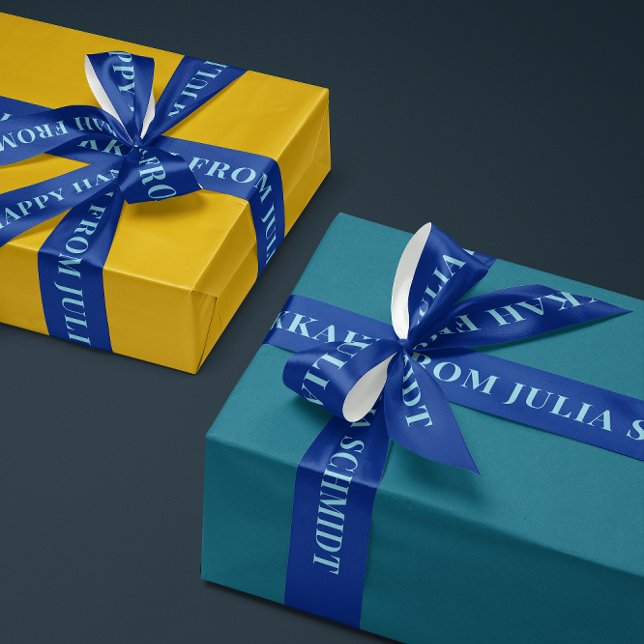 Lazo De Raso Cinta de regalo Feliz Janucá texto simple azul osc (personalized bright and aqua blue Happy Hanukkah gift ribbon with custom name text)