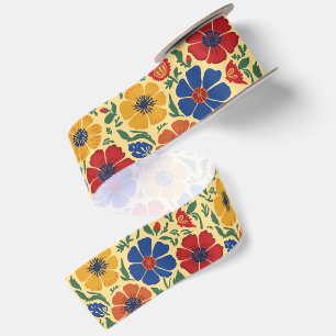 Lazo De Raso Cinta de Satén con Patrón Floral de Arte Popular C