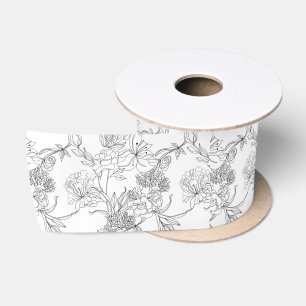 Lazo De Raso Cinta - Estampado Floral en Negro y Blanco