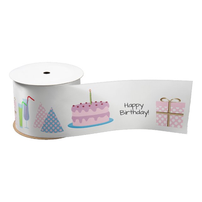 Lazo De Raso Cinta feliz de cumpleaños - en rosa y azul, 3'' (Carrete)