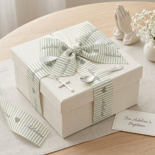 Lazo De Raso Cinta Personalizada de Corazón Rayada Verde Salvia