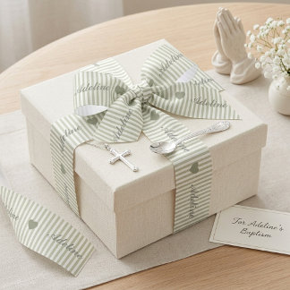 Lazo De Raso Cinta Personalizada de Corazón Rayada Verde Salvia