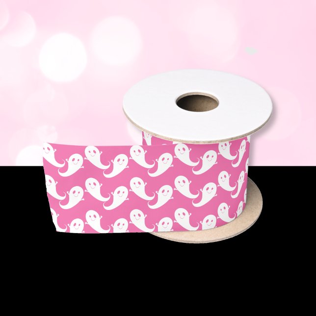 Lazo De Raso Cinta rosa de Halloween con patrón de fantasma lin (Spooky Cute Ghost Pattern Pink Halloween Ribbon .)