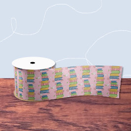 Lazo De Raso Cinta rosada con mosaico de libros y flores pequeñ