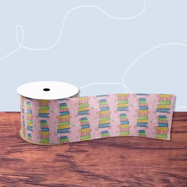 Lazo De Raso Cinta rosada con mosaico de libros y flores pequeñ (Cute pink ribbon for book lovers .)
