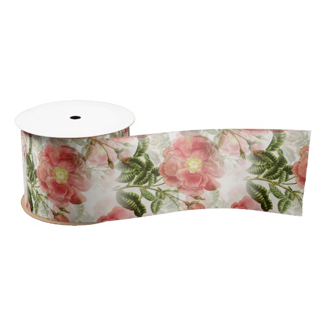 Lazo De Raso Cinta satinada de patrón floral de camello rosado (Carrete)