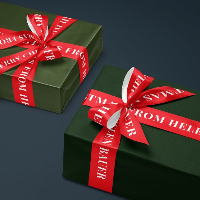 Lazo De Raso Cinta Sencilla de Texto Rojo Cereza Feliz Navidad (custom text in white on cherry red Christmas satin gift wrap ribbon)