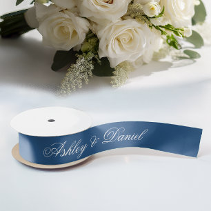 Lazo De Raso Clásico Cinta de Boda Azul Elegante Caligrafía