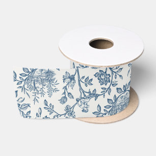 Lazo De Raso Clásico Vintage Francés Grabado Floral Toile-Azul