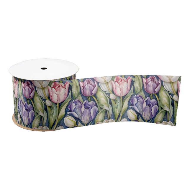 Lazo De Raso Classic Pink, Purple, Whute Tulips (Carrete)