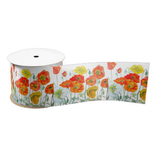 Lazo De Raso Cojín Acuarela de Amapola Naranja Rojo Amarillo Bl