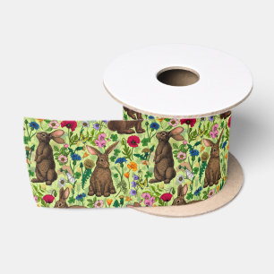 Lazo De Raso Conejos y flores silvestres en verde miel