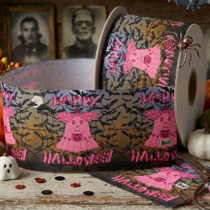 Lazo De Raso Coqueta Fantasma Rosa Feliz Halloween Arte Digital