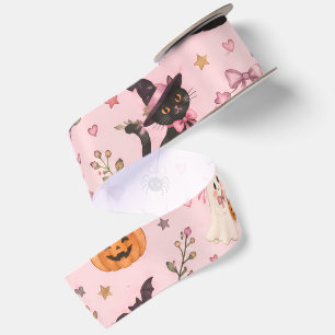 Lazo De Raso Coquette Rosa Fantasma de Halloween Gato Negro Cal