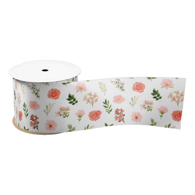 Lazo De Raso Coral Red Roses and Foliage Pattern (Carrete)