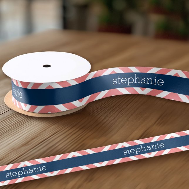Lazo De Raso Coral y Navy Blue Chevrons Nombre personalizado (Custom Ribbon - add your personalized text)