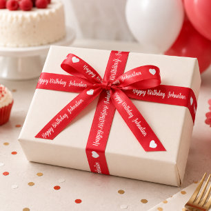 Lazo De Raso Corazón Blanco Rojo Feliz Cumpleaños Nombre Person