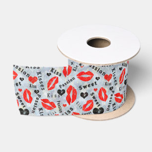 Lazo De Raso Corazones, rojo, negro, huellas de labios, besos