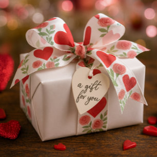 Lazo De Raso Corazones Rojos Románticos Rosas Rosadas