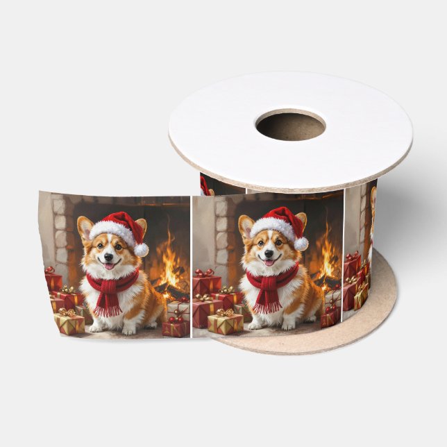 Lazo De Raso Corgi de Navidad junto a la chimenea (Carrete)