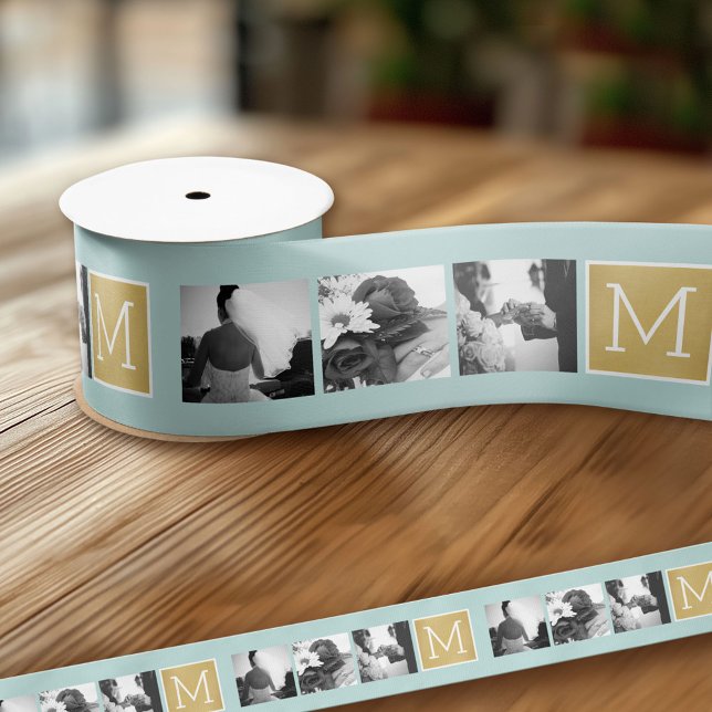 Lazo De Raso Crear su propio monograma de Collage de fotos Boda (Custom Wedding and Anniversary Ribbon - Add 3 Photos and a Monogram)