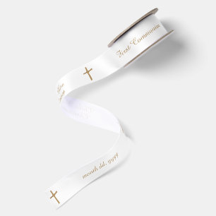 Lazo De Raso Cruz dorada religiosa personalizada chic en blanco