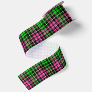 Lazo De Raso Cuadros Escoceses Rosa y Verde sobre Negro