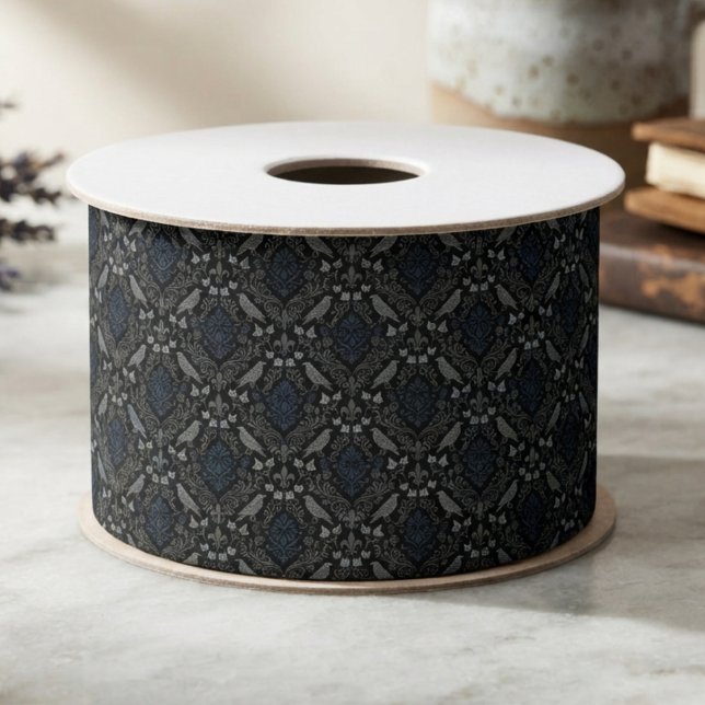Lazo De Raso Cuervo Gótico Celestial (Gothic raven ribbon for alternative crafters styling seasonal occult packages)