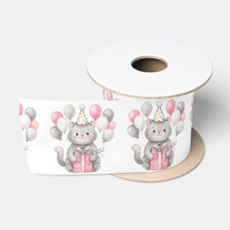 Lazo De Raso Cumpleaños de gato personalizado adorable acuarela