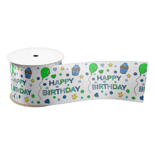 Lazo De Raso Cumpleaños Feliz Niño Azul y Verde Lima 