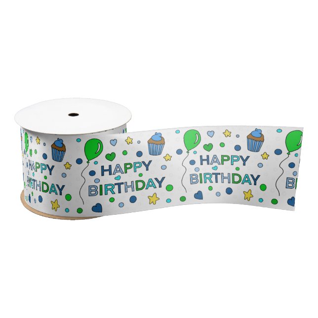Lazo De Raso Cumpleaños Feliz Niño Azul y Verde Lima  (Carrete)