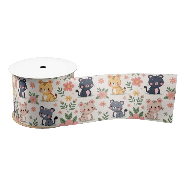 Lazo De Raso Cute Cartoon Jungle Cats and Flowers (Carrete)