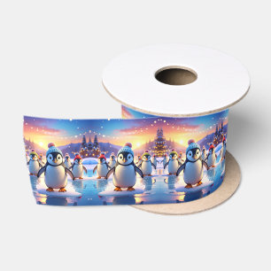 Lazo De Raso Cute Pingüinos con Cintas de Gorros de Invierno