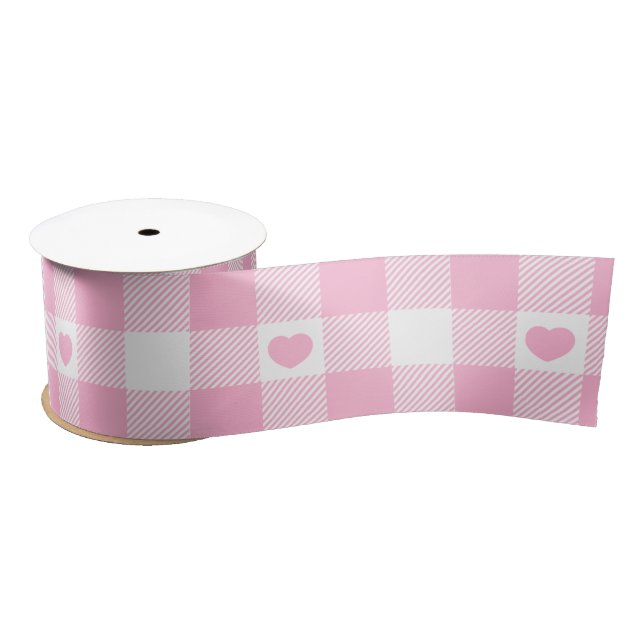 Lazo De Raso Cute Rosa Gingham Vichy Con Corazón (Carrete)