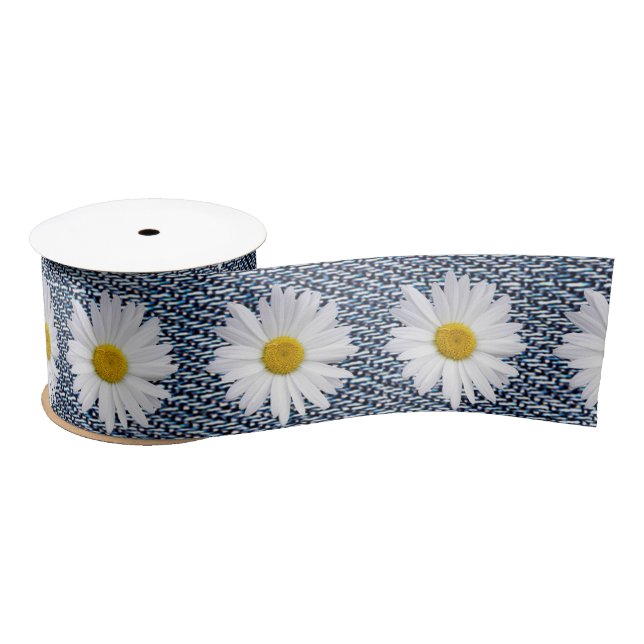 Lazo De Raso Daisies blancos en Denim (Carrete)