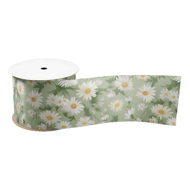 Lazo De Raso Daisies Blancos Sobre El Verde (Carrete)