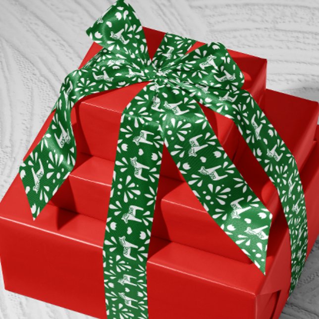 Lazo De Raso Dala sueca blanca Regalo de vacaciones verdes de p (Scandinavian Swedish green and white Dala horse patterned ribbon)