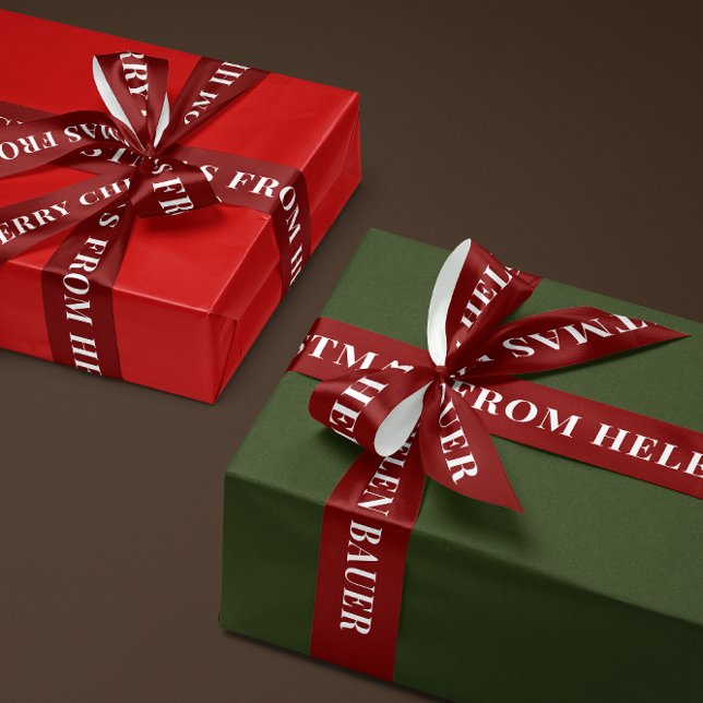 Lazo De Raso Dark Burgundy Red Simple Text Merry Christmas Gift (personalized white text on burgundy red satin Merry Christmas ribbon with custom name)