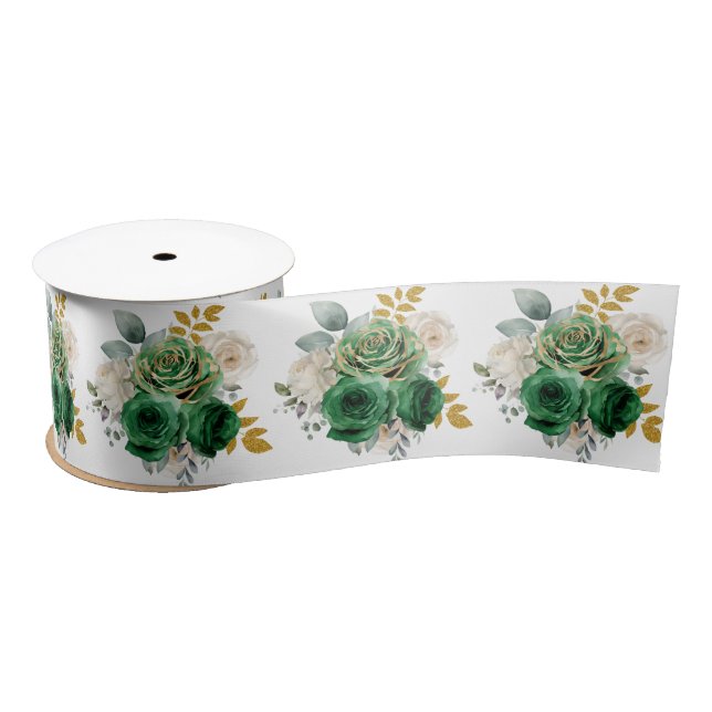 Lazo De Raso Dark Green and Gold Elegant Flowers (Carrete)