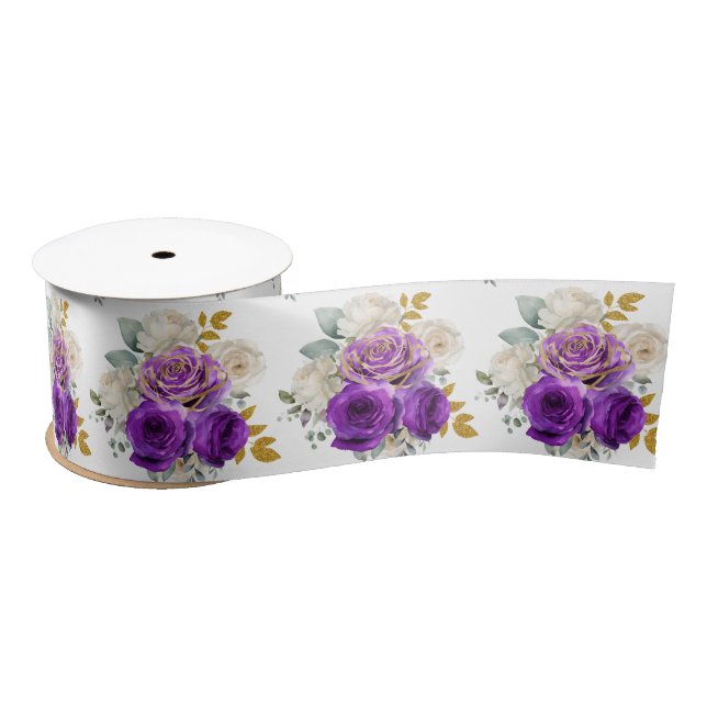Lazo De Raso Dark Purple and Gold Elegant Flowers  (Carrete)