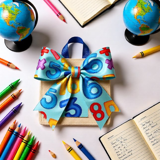 Lazo De Raso De vuelta a los números escolares con fondo azul c (Colorful Math Numbers Classroom Teacher Gift Satin Ribbon)