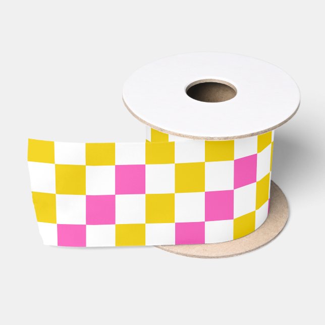 Lazo De Raso Diseño a cuadros amarillo blanco rosa (Carrete)