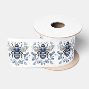 Lazo De Raso Diseño de abejas de estilo Delft azul y blanco con