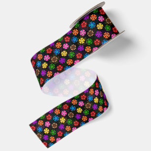 Lazo De Raso Diseño de flores de arcoíris retro coloridas negro