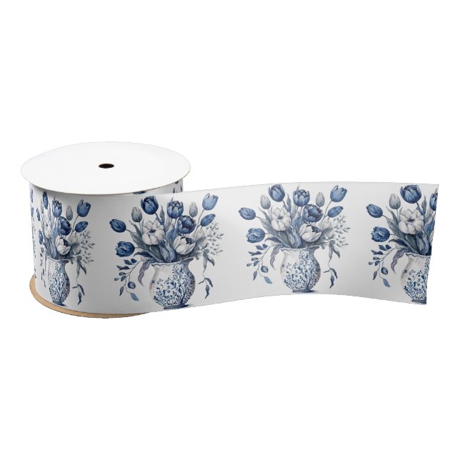 Lazo De Raso Diseño de tulipanes estilo Delft azul y blanco (Carrete)