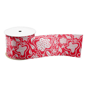 Lazo De Raso Diseño floral rojo blanco estirado