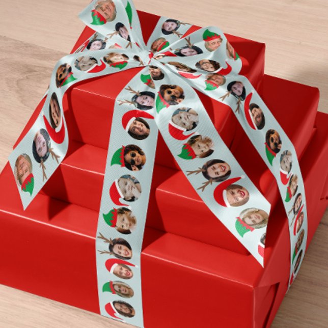Lazo De Raso Divertidísimo regalo de feriado a 10 personas en N (put your friends, family and pets in festive Christmas hats on this custom ribbon with ten photos)