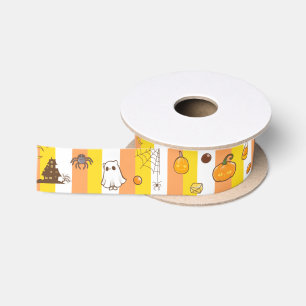 Lazo De Raso Diviértete en Halloween Naranja Amarillo y Blanco