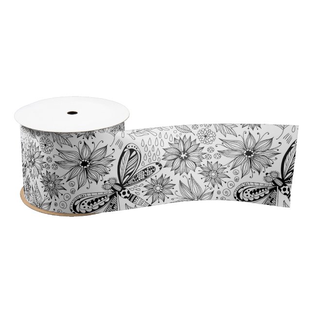 Lazo De Raso Doodle de libélula y flores (Carrete)