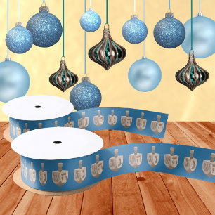 Lazo De Raso Dreidel Rustic Oak Cute Patrón Azul Hanukkah